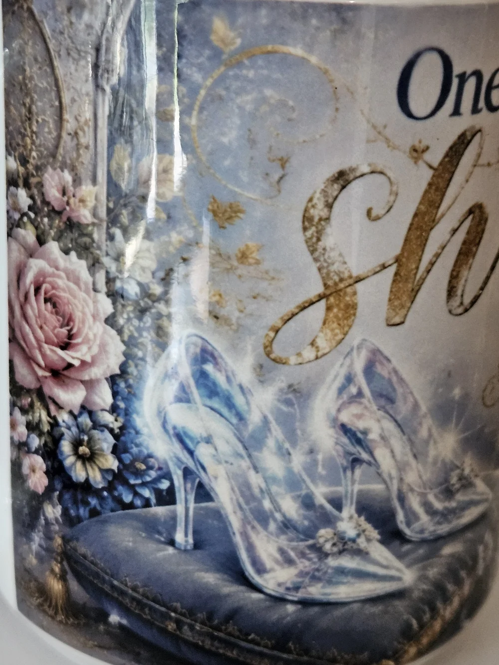 Hand Crafted White and Blue Cinderella Glass Slipper Coffee Mug